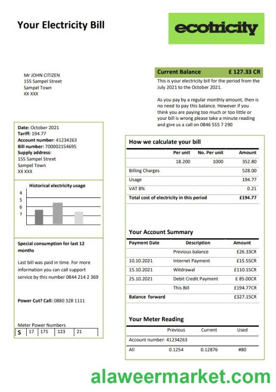 United Kingdom Ecotricity electricity utility bill template in Word and PDF format (.doc and .pdf)